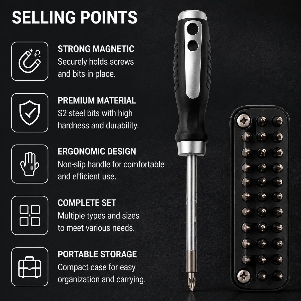 Multi-Function Screwdriver Set with S2 Steel Bits, Magnetic & Ergonomic Handle