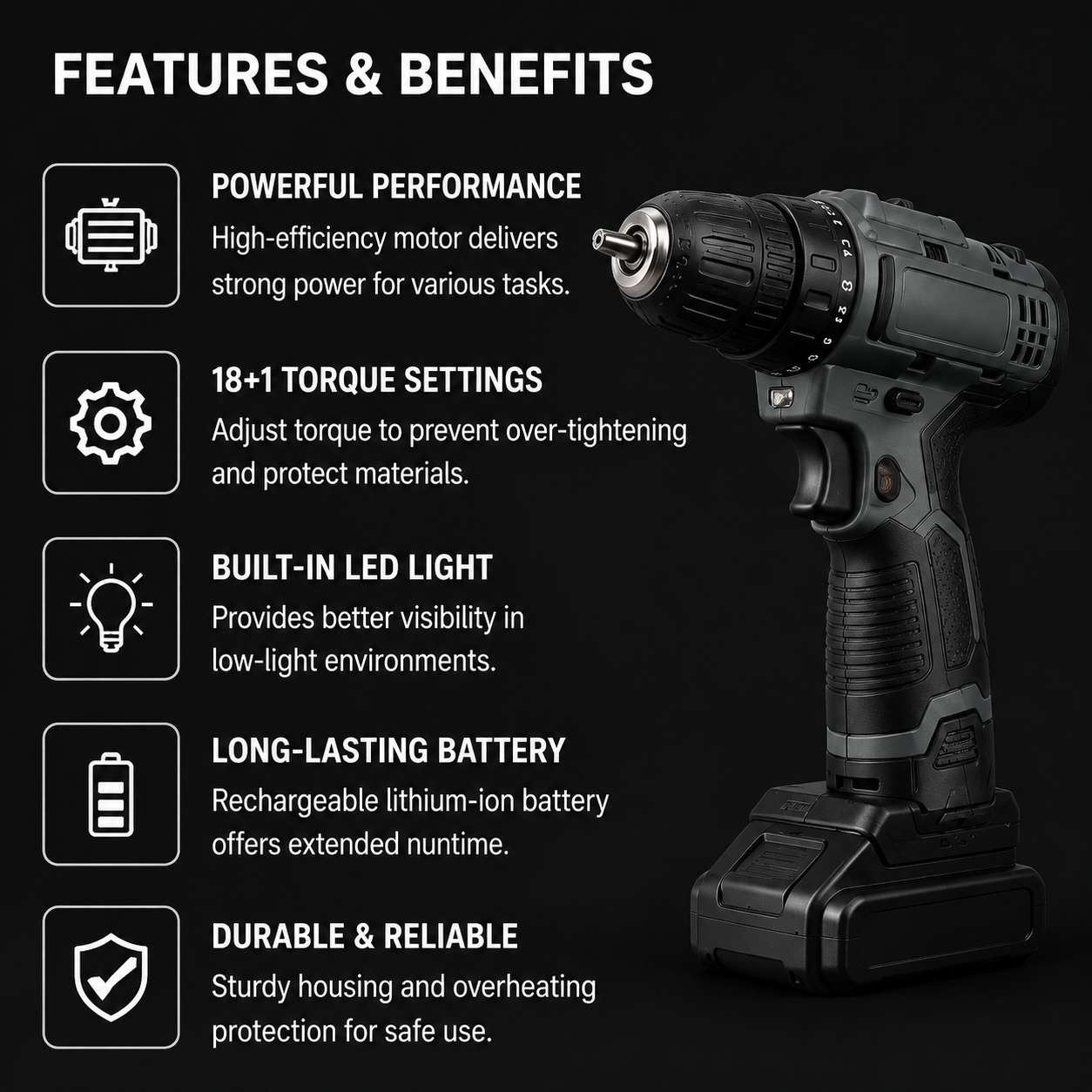 18+1 Torque Cordless Drill, 2-Speed Lithium-Ion Power Drill for Home & DIY