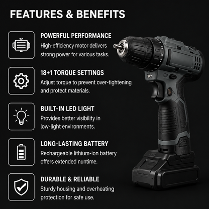 18+1 Torque Cordless Drill, 2-Speed Lithium-Ion Power Drill for Home & DIY