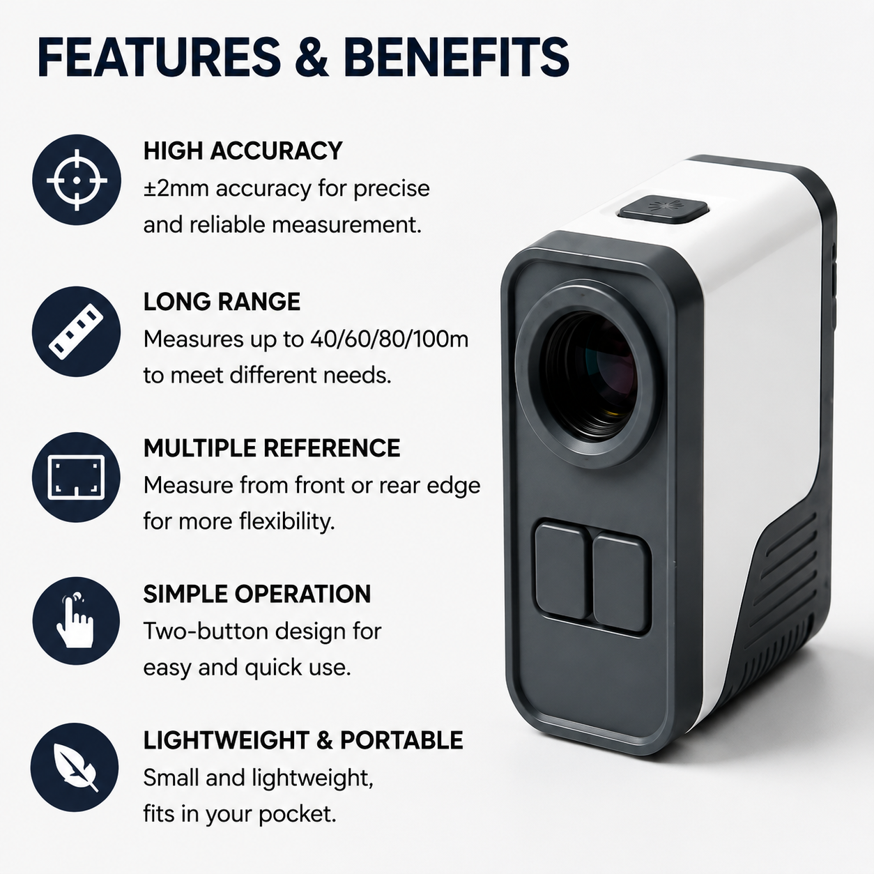 High Precision Laser Distance Meter, ±2mm Accuracy Mini Laser Measure Tool