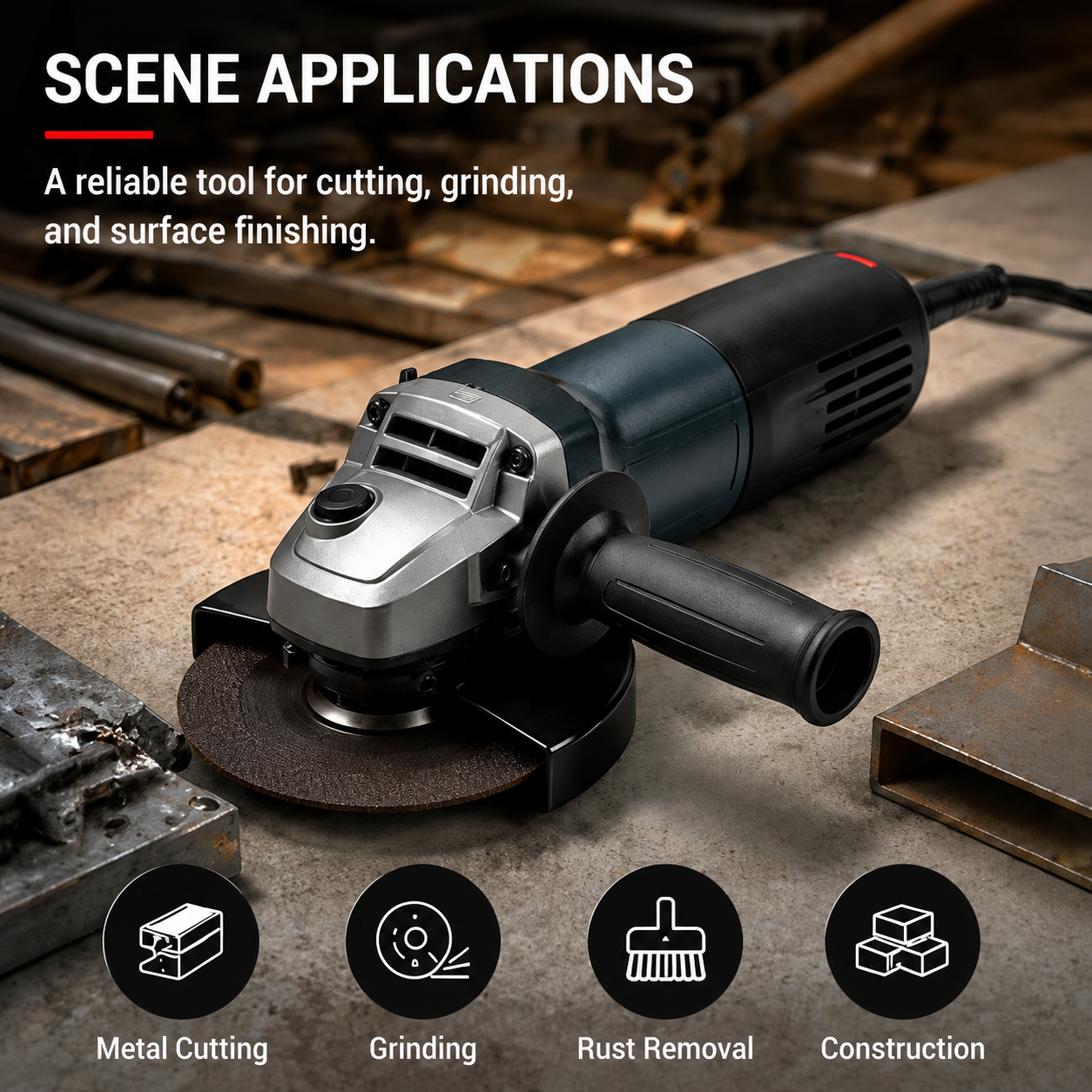 Industrial Angle Grinder with Adjustable Guard, Auxiliary Handle for Metal & Stone