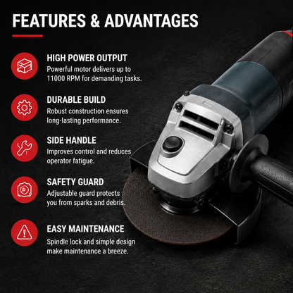 Industrial Angle Grinder with Adjustable Guard, Auxiliary Handle for Metal & Stone