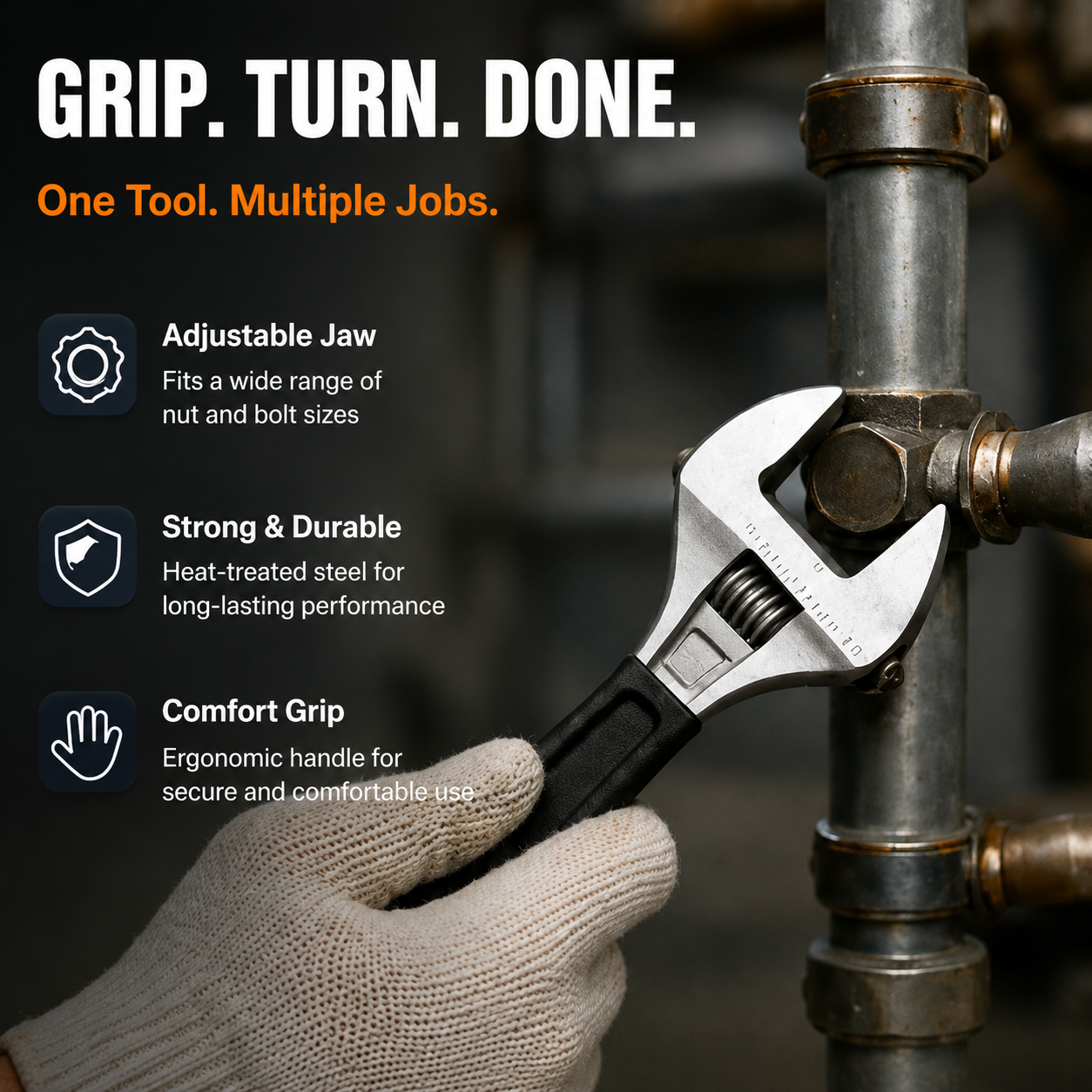 Versatile Adjustable Wrench, Precision Jaw for Multiple Fastener Sizes