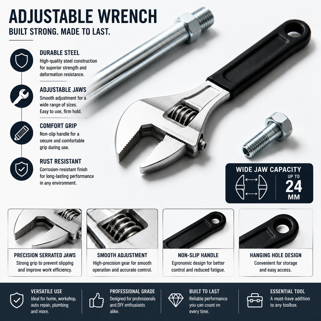 Versatile Adjustable Wrench, Precision Jaw for Multiple Fastener Sizes