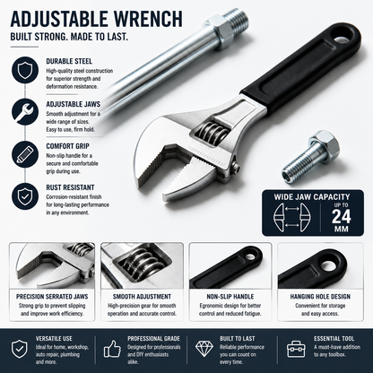 Versatile Adjustable Wrench, Precision Jaw for Multiple Fastener Sizes
