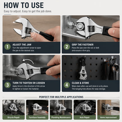 Versatile Adjustable Wrench, Precision Jaw for Multiple Fastener Sizes